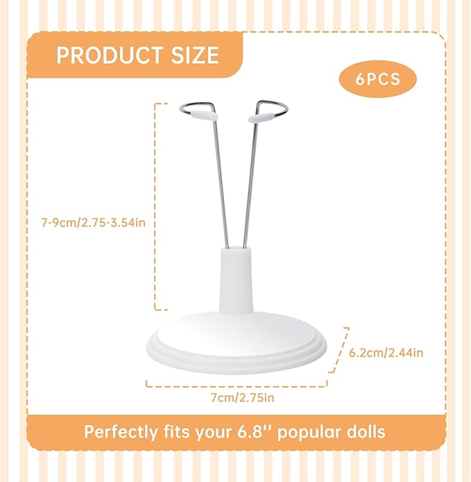6 Pack Adjustable Doll Stand Compatible with Labubu 6.8 Inch Dolls, Stand Holder Compatible with Labubu Accessories, White Plastic Support Holder (Not Include Dolls)