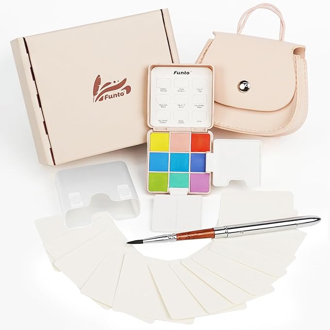 Funto Mini Watercolor Set Travel Kit with 9 Colors, Leather Bag & Watercolor Paper, Portable Drawing & Painting Supplies for Beginners, Art Gift Set