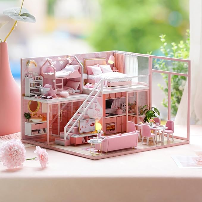 TuKIIE DIY Miniature Dollhouse Kit with Furniture, 1:24 Scale Creative Room Mini Wooden Christmas Doll House Accessories Plus Dust Proof & Music Movement for Kids Teens Adults(Meeting Your Sweet)