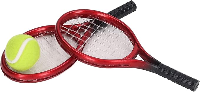 Aqur2020 1:12 Miniature Tennis Racket Set, Bright Colors, Vibrant Decoration, Dollhouse Tennis Racket Ball Set for Role Playing and Photo Prop, Not Easy to Fade or Damage. Plastic Material