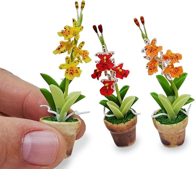 WitnyStore Tiny 2" High 3 Pieces Set Yellow Red Orange Orchid - Hand Made Artificial Flowers Colorful Miniature Realistic Modelling Clay Flower Plant Pot Blooming House Plants Home Indoor Decoration
