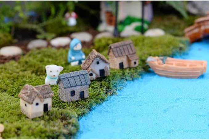 Haohaiblooms 4 Pcs Miniature Fairy Garden Stone House Set - Resin Moss Cottage for Home & Outdoor Decor, Micro Village Thatched Huts, Bonsai Terrarium Crafts, Desk Ornaments for DIY Landscape