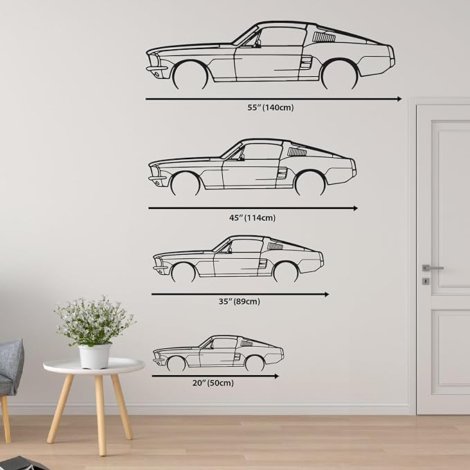DecoSoul Mustang Metal Car Wall Art, Sports Car, Automotive Silhouette Line Decoration, Minimalist Sculpture for Garage, Indoor Outdoor Wall Hanging, Gift for Boyfriend (Black - 40 x 11” inch)