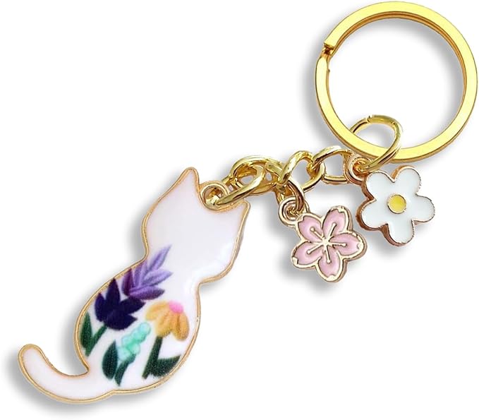 Agromusk Cute Cat Keychain, Enamel Flower Keyring Japanese Decor for Garden Cat Lovers, Kawaii Bag Charm With Sakura Flowers