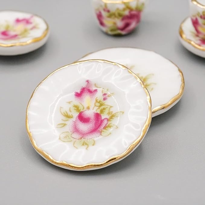 Odoria 1/12 Miniature Porcelain Tea Set 15Pcs Dollhouse Decoration Accessories, Pink Rose