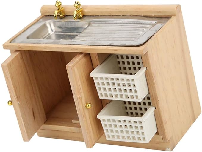Dollhouse Miniature Furniture, 1:12 Scale Wooden Kitchen Dish Washing Table with Baskets for Doll House Accessories Decoration