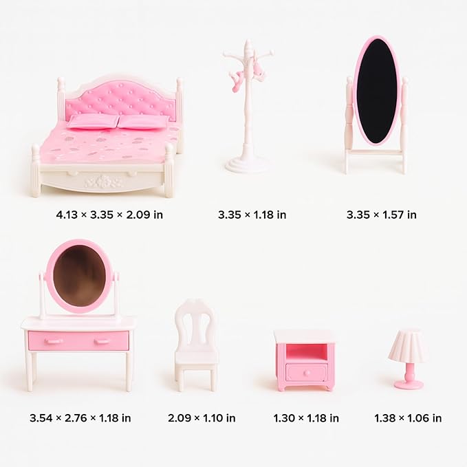 Family Dollhouse Bedroom Set — Bed, Pillows & Bedspread, Vanity with Mirror, Nightstand, Floor Mirror, Chair, Lamp, Coat Rack & Hangers — Dollhouse Furniture & Accessories for Ages 3+