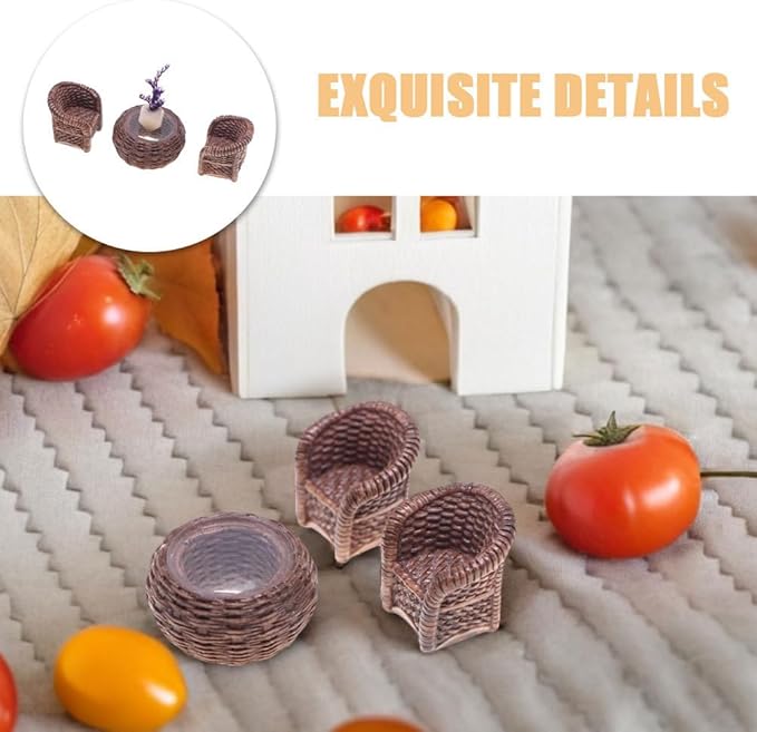 DOITOOL Miniature Table and Chairs Set: 1:12 Scale Miniature Dollhouse Accessories Mini Rattan Table and Chairs Dollhouse Furniture for Fairy Garden Micro Landscape Decoration