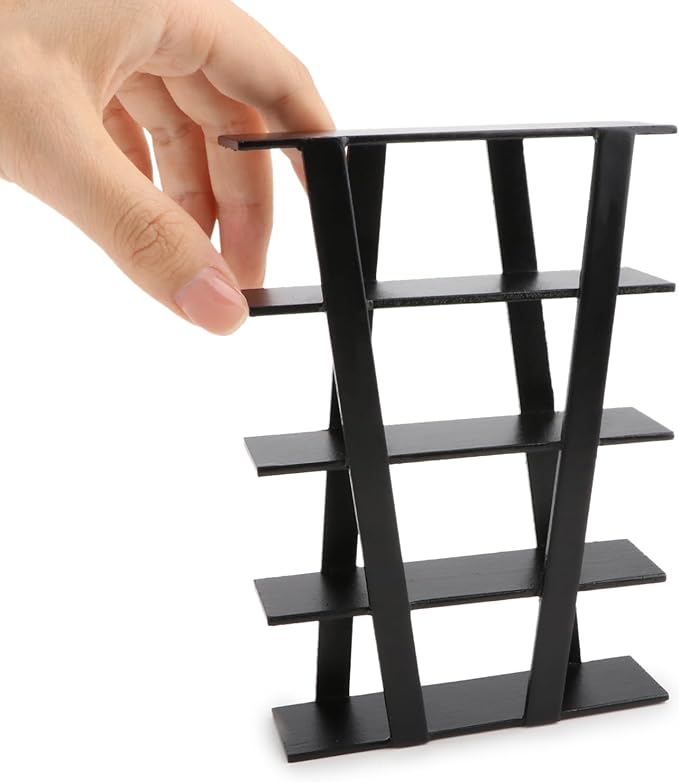 Dollhouse Shelf Furniture Bookshelf 1/12 Scale Miniature Wooden Storage Rack Four Tier Shelves Doll House Accessories and Furniture Display Stand Mini Scene Ornaments Decoration (Black)