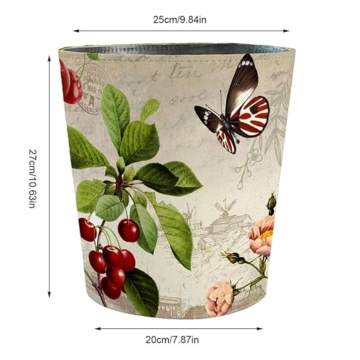 Scakbyer 10L/2.64 Gallon Trash Can, Decorative Waste Basket, PU Leather Waste Paper Basket, Waterproof Garbage Can for Bathroom, Bedroom, Office, Kitchen and Living Room - Butterfly Four-Leaf Flower