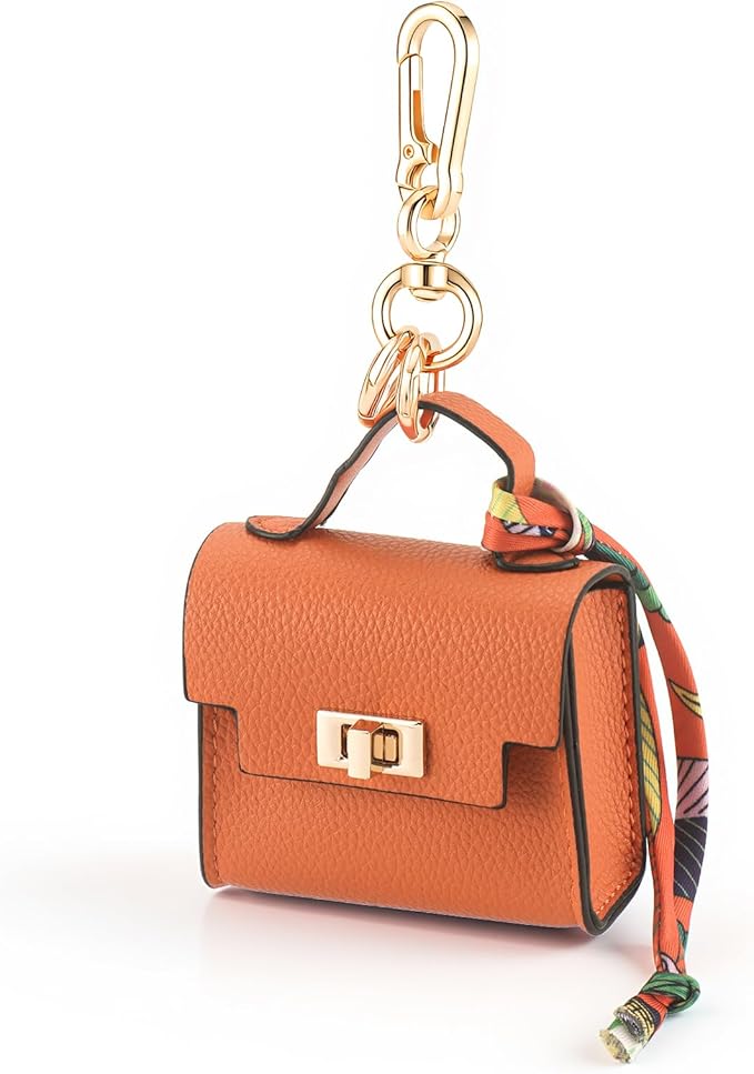 FENHIN Mini Backpack Keychain, Leather Small Coin Purse for Women, Cute Hand Bag Charms with Key Holder & Twist-lock (Orange)