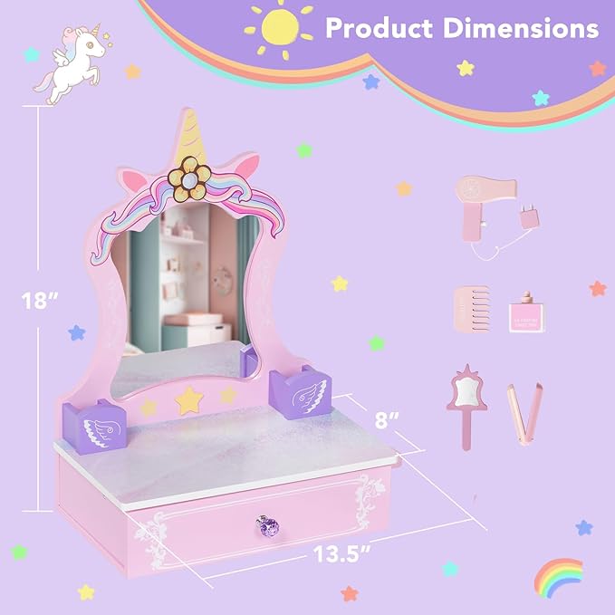 BRINJOY Wooden Vanity Set for Kids, Toddler Tabletop Beauty Salon Play Set w/Accessories & Drawer, Princess Makeup Pretend Play Vanity Table Toy with Mirror for Little Girls Age 3-8