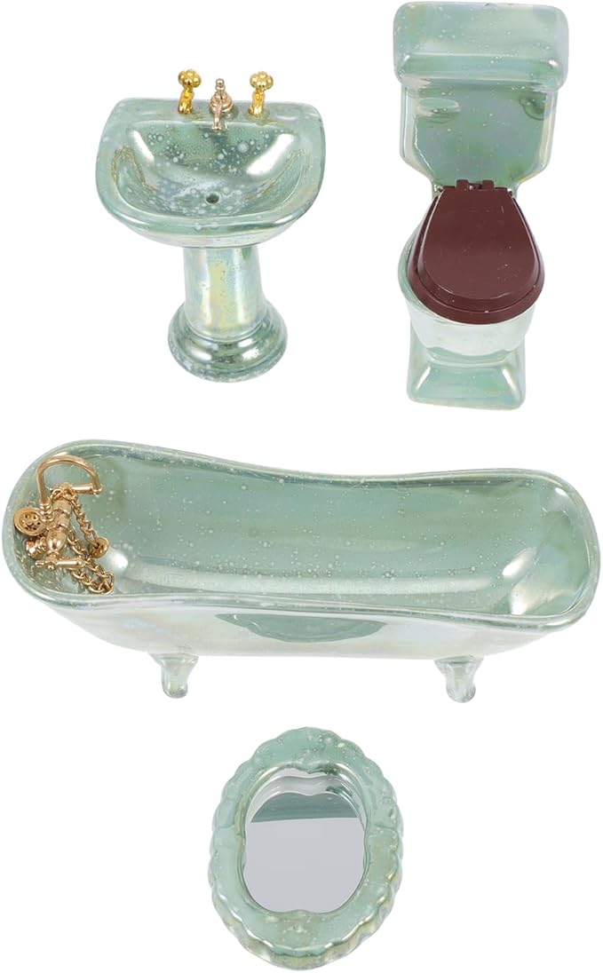 NUOBESTY Home Decor 1: 12 Miniature Porcelain Bathroom Set Toilet Basin Bathtub Mirror Miniature Ornaments for Doll House Plant Pot Decorations