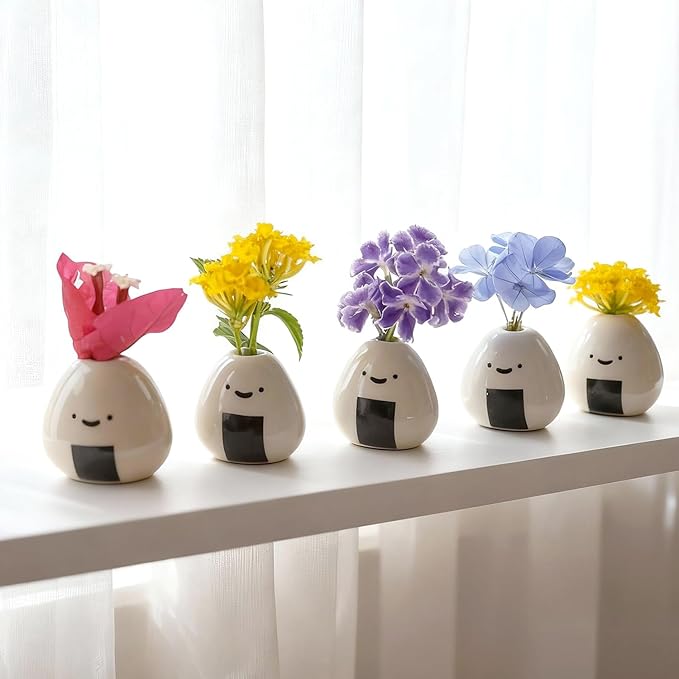 5 PCS Mini Onigiri Flower Vase Set - Cute Japanese Handmade Bud Vases Bulk for Dried Flowers, Small Centerpiece Vase for Coffee Table Living Room Home Decor, Unique Japandi Tiny Ceramic Vases