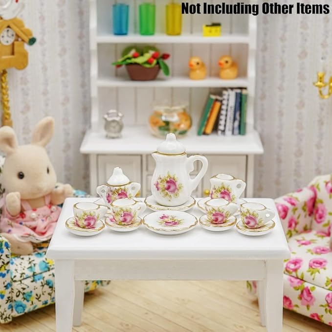 Odoria 1/12 Miniature Porcelain Tea Set 15Pcs Dollhouse Decoration Accessories, Pink Rose