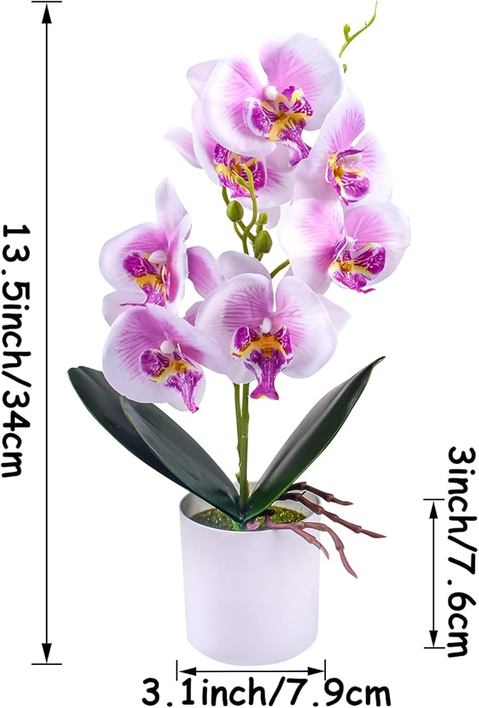 XONOR Artificial Orchid Flowers, 2 Pieces Potted Fake Orchids with Plastic Vase for Table Centerpiece Home Decor Office Wedding Party Decoration