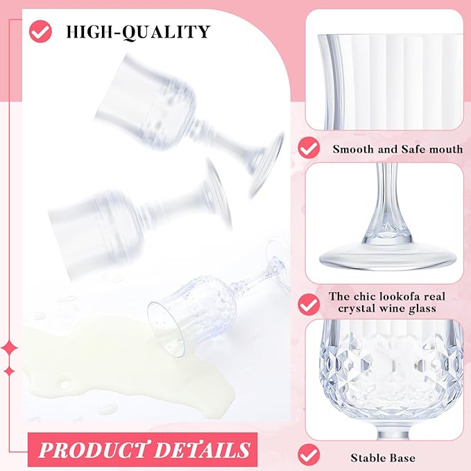 Pinkunn 12 Pcs 7 oz Plastic Vintage Wine Glasses Reusable Colored Goblets Patterned Drinking Water Glasses Cup Dishwasher Safe for Valentine's Day Wedding Reception Party Supplies (Transparent)