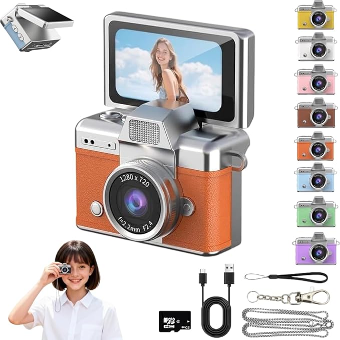 Mini Keychain Digital Camera Retro Mini Digital Video Camera Small bodycam 1080P FHD Recording with 0.96" IPS Screen with 6 Retro Filters AVI Format-Ideal for Phone Transfer (Orange, 64GB)