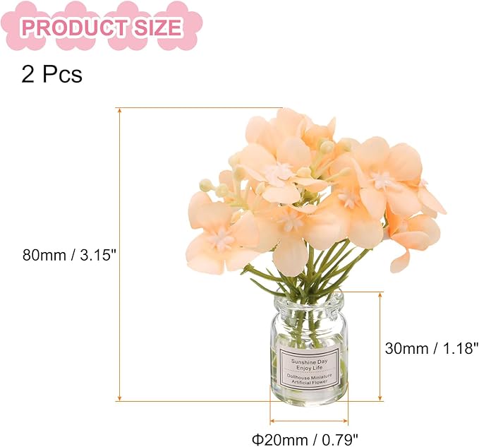 CoCud Mini Flowers Dollhouse in Vase, 3.15" Total Length, Silk Plastic Miniature Dollhouse Accessories with Tiny Flower Orange - (Applications: for Fairy Micro House Ornament) 2-Pieces