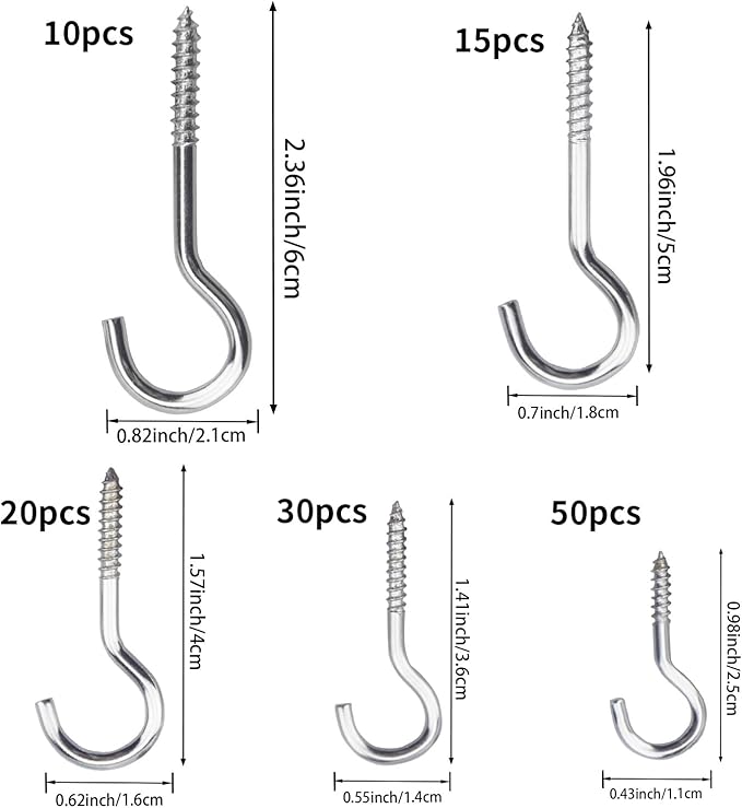BJUTYEU 125 Pieces of Screw Cup Hook Set 5 Sizes Ceiling Small Hooks Wardrobe Decoration Hanging Accessories for Hanging Outdoor or Indoor use (0.98" 1.41" 1.57" 1.96" 2.36") (Silver)
