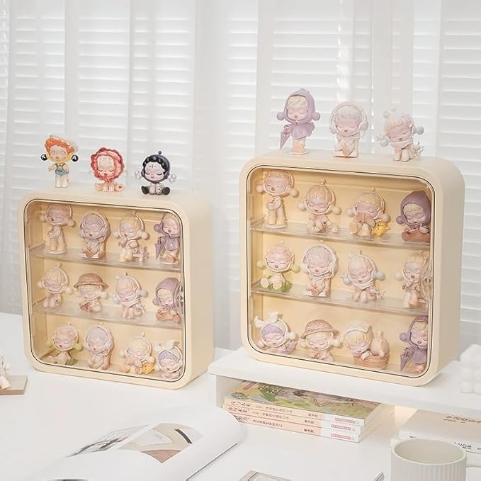 Clear Display Case for Figures, Wall Mounted Clear Display Box, 3 Tiers Adjustable Acrylic Display Box Stand with Magnetic Door for Mini Action Figures Pop Mart Collectibles, Cream