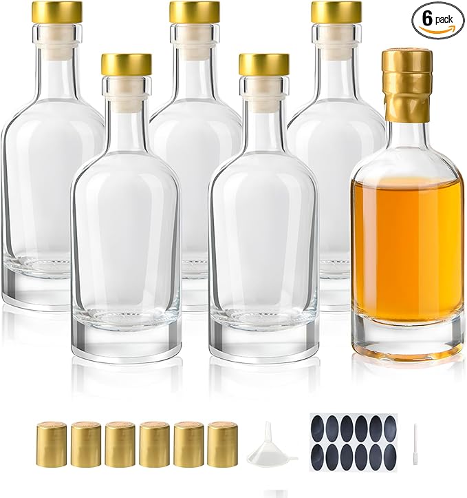 BPFY 6 Pack 6oz (200ml) Clear Glass Liquor Bottles for Wine, Kombucha,Beverages, Oil, Vinegar, Empty Vodka Bottles, Glass Bottle with T-Top Caps, Heat Shrink Capsules