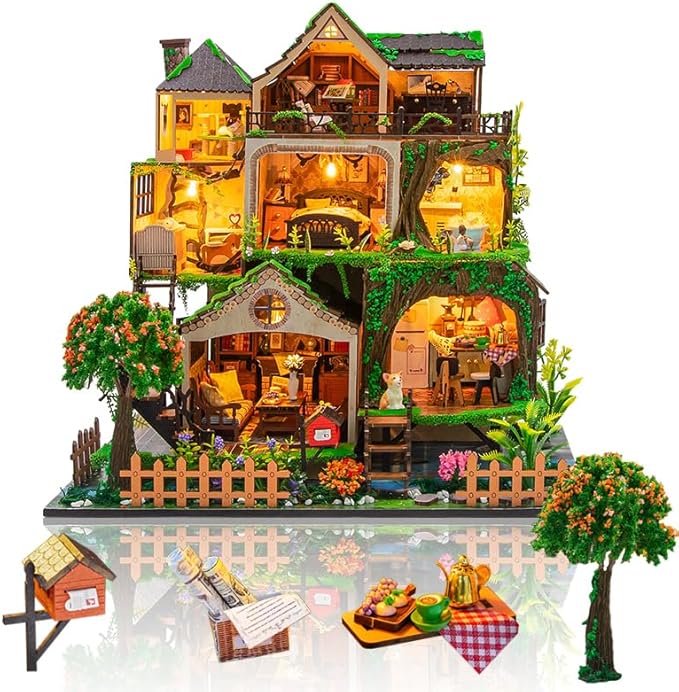DIY Miniature House Kit, Mini Dollhouse Making Kits with Furnitures, Tiny House Kit to Build for Adults, Hobby Craft Gift for Christmas Day, Tale Forest