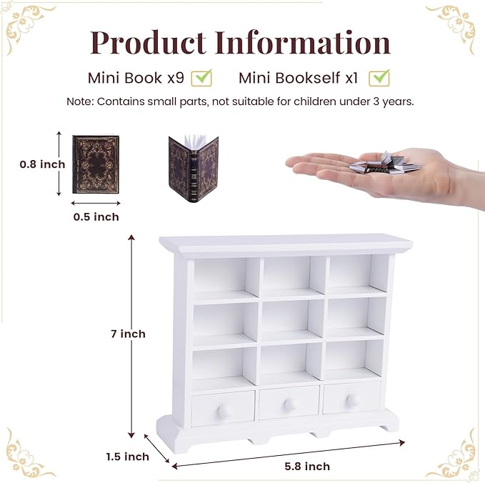 BABESIDE 1:12 Dollhouse Mini Bookshelf with 9 Mini Books – Wooden Dollhouse Furniture Accessories for Kids, Baby Doll Accessories Gift for Girls Age 3+