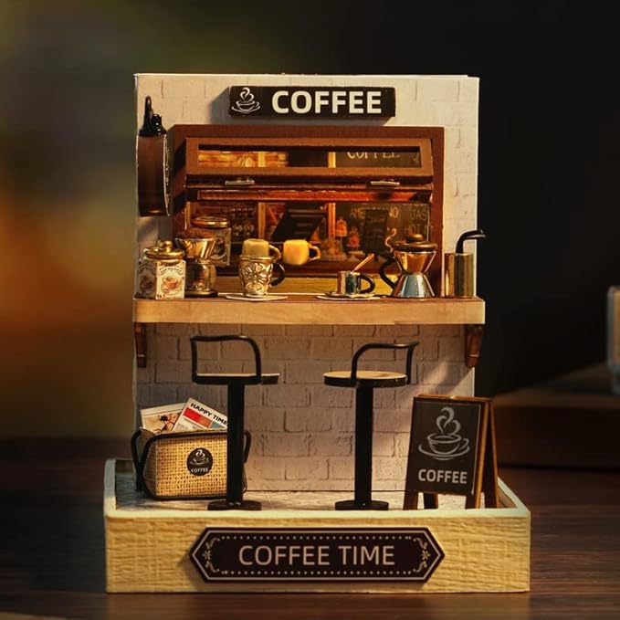 CRIOLPO DIY Doll House Miniature Kit, Handmade 3D Miniature Doll House with Furniture, Inventive Room DIY Dolls House, for Home DéCor - Coffee Time