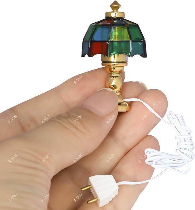 iLAND 1/12 Scale Accessories of Dollhouse Lights, Classic Miniature Lamp for Dollhouse Decoration, Beautiful Mosaic Lattice Table Lamp w/Plug