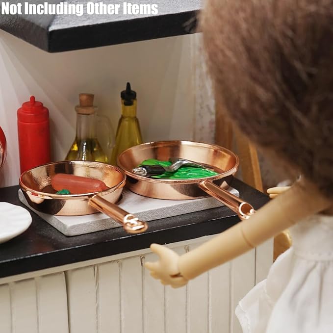 Odoria Dollhouse Frying Pan Miniature: 1/12 Scale Skillet Cookware for Kitchen Restaurant - Mini Kitchenware Cooking Utensils Metal Copper 3Pcs