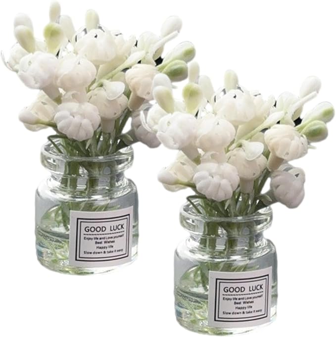 2 Pcs Miniature Flower Vases with White Jasmine – Realistic Handmade Dollhouse Accessories for 1:6/1:8 Scale, Fairy Garden Props, DIY Crafting Elements, Cupcake Decor, Micro Landscape Embellishments
