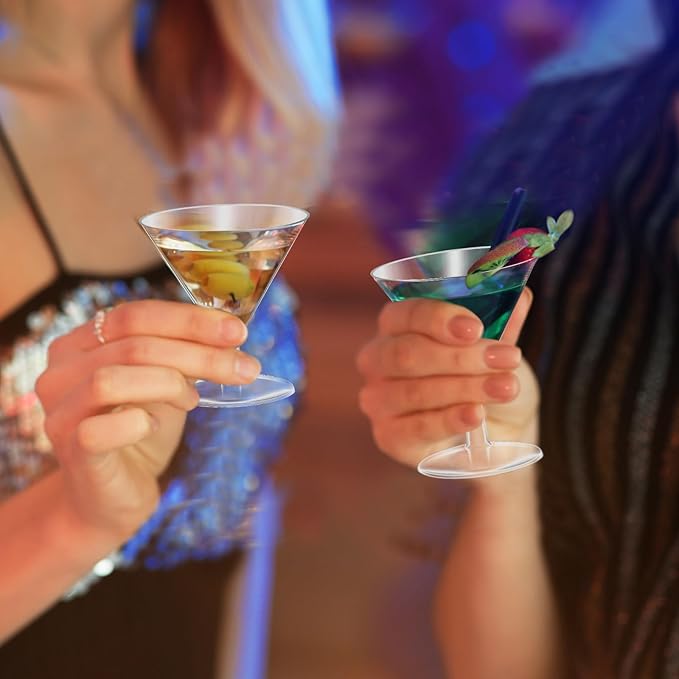 Yinkin 24 Pcs 2 oz Plastic Martini Glasses Disposable Clear Cocktail Dessert Parfait Glasses Unbreakable Mini Martini Cups for Wedding Party Bowl Wine Ice Cream (Stem)