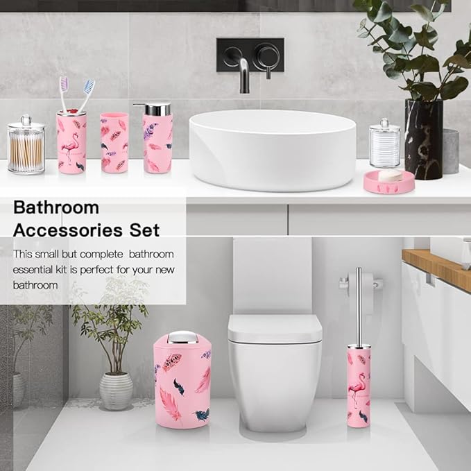 OTOSTAR Bathroom Accessory Set 8 Pcs Pink Flamingos Bathroom Accessories Set Bathroom Set with Trash Can Soap Dispenser Toothbrush Holder Tumbler Soap Dish Toilet Brush Holder Qtip Holder (Flamingo)