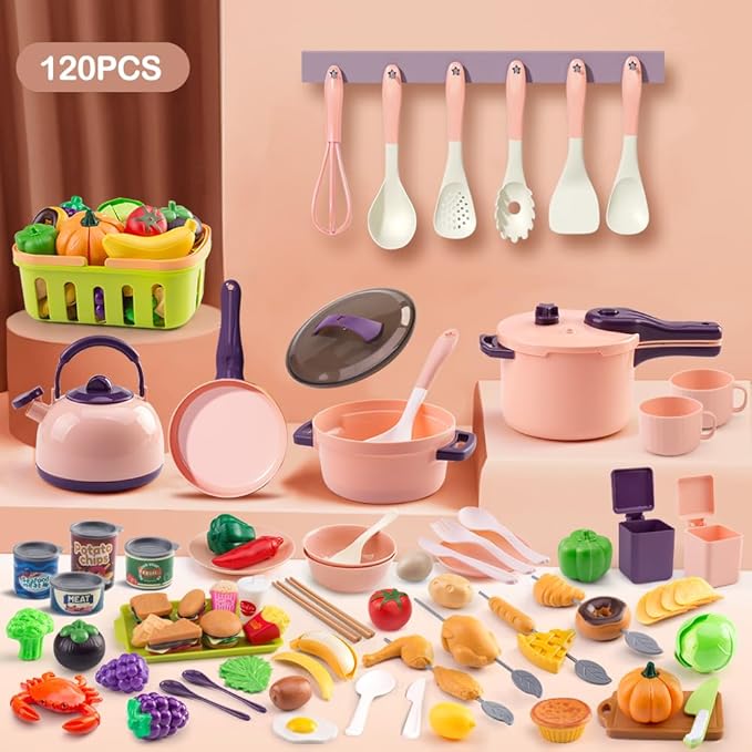 120Pcs Mini Play Kitchen Accessories, Kids Pretend Cooking Playset with Desserts, Cuttable Veggies & BBQ & Storage Basket, Educational Role-Play Gift for Toddlers, Child, Pink