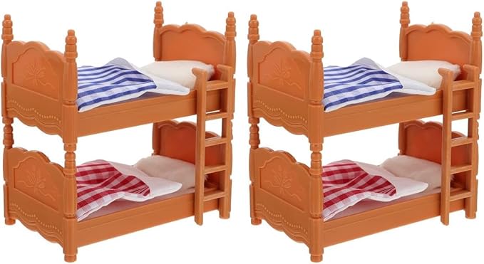 2Pcs Dollhouse Bunk Bed, 4in Mini Calico Bed Furniture, Dollhouse Beds with Ladder, PVC Miniature Doll House Decorative Accessories for Mini Landscape DIY Kit