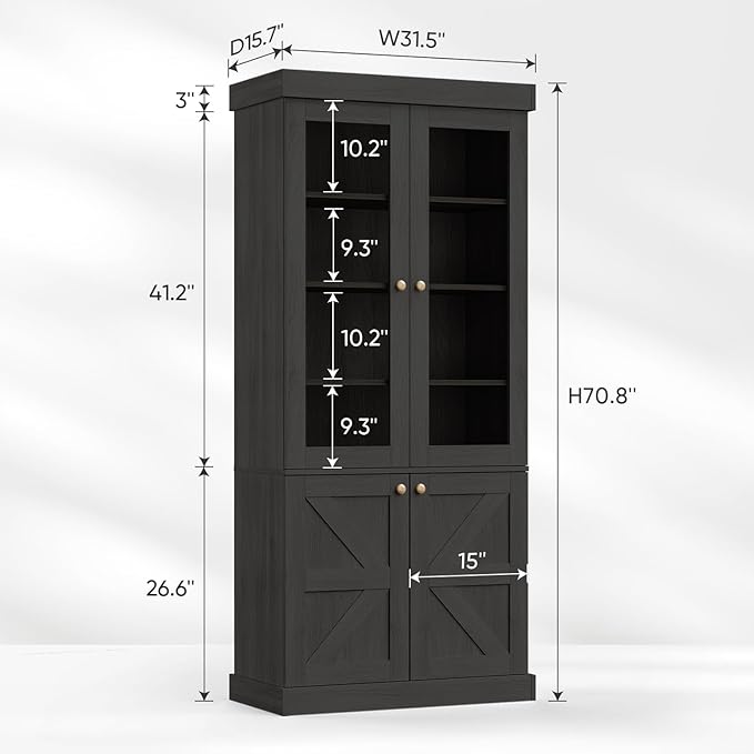 71" Tall Farmhouse Kitchen Pantry, Rustic Large Storage Cabinet with Glass Doors, Adjustable Shelves, Wood Versatile Hutch Cabinet for Dining Room, Living Room, Black 2 Pcs