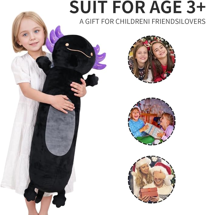 28 inch Black Axolotl Stuffed Animal, Cute Long Body Cuddle Squishy Pillow, Big Axolotl Plushies Toy Gifts for Kids, Boys for Birthday, Halloween, Christmas