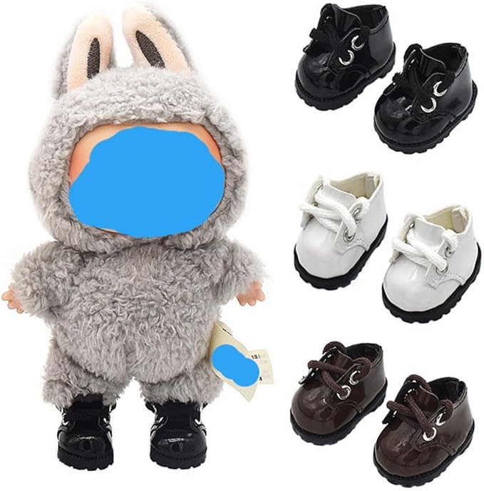 Faux Leather Miniature Shoes for 17/15cm Plush Dolls - Cute Monster Collectible Figure Accessories, Easy Fit Soft Stuffed Animal Boots (Black, 17/15cm)