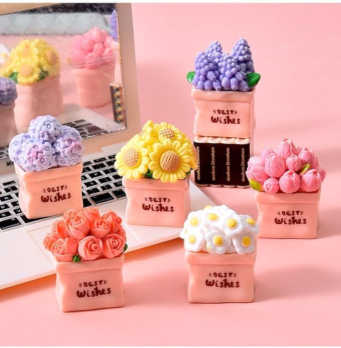 6Pcs Refreshing Pink Flowerpot Mini Resin Figurines - Lovely Rose, Tulip, Daisy, Sunflower & Hydrangea Ornaments, Cute Potted Flowers for Dollhouse,Desk, Car & Home Decorations,Healing Gifts for Girls
