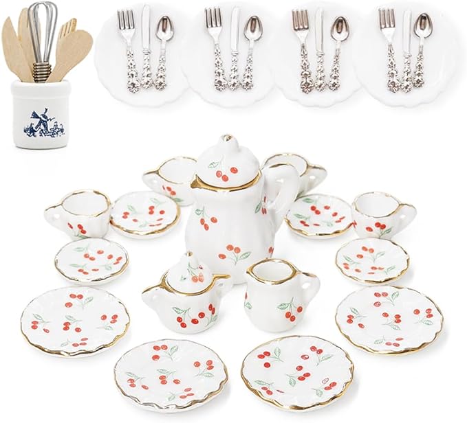 Odoria 1/12 Dollhouse Miniature Tea Set Porcelain 15Pcs Dolls Decoration Accessories with 16Pcs Miniatures Kitchen Plates Cutlery Set and Cooking Supplies, Cherry