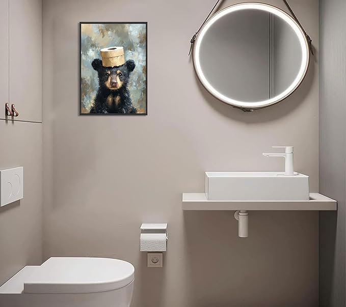 VPUQWGKE Bathroom Bear Canvas Wall Art Black Bear With Paper Wall Decor Picture Bathroom Humor Funny Animal Painting Print for Kids room toilet Washroom Home Decoration 12x16in Black Frame