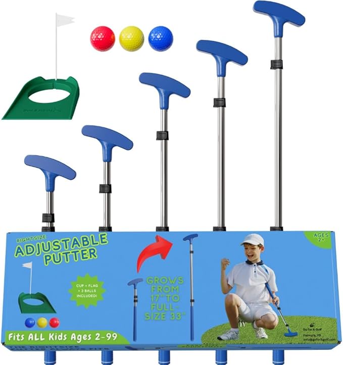 Go For It Golf Kids Putter - Extendable Shaft for Junior Golfers - Adjustable Size for Right and Left Hand - Perfect Training Club for Kids - Includes 3 Balls, Cup with Flag 17"-35"