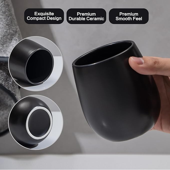 Black Ceramic Toothbrush Holder - 11Oz Small Bathroom Tooth Brushing Holders, Reusable Mouthwash Cup, Toothpaste Holder, Makeup Brush Holder, Pen Holder for Bathroom Countertop, 1PC