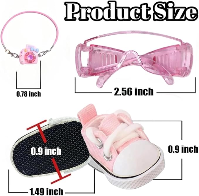 Doll Accessories Set for Labubu Included Mini Pink Glasses, Camera and Cute Pink Shoes, Dress Up Accessories for 15/17cm Dolls(No Clothes)