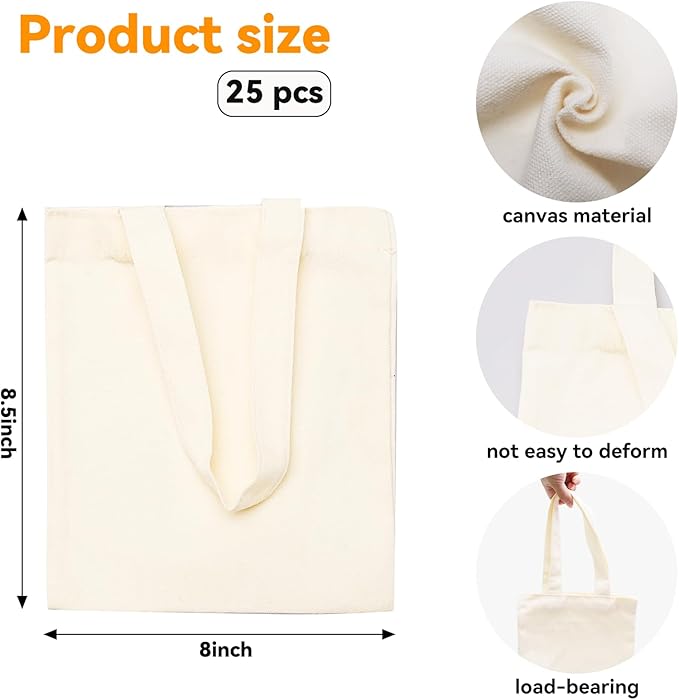 CONEHOY 25 Pcs Mini Tote Bag Reusable Grocery Bags Blank Canvas Tote Bags DIY Sacks Gift Bags for Kids DIY Craft Party Favors (8.5 x 8 Inch)