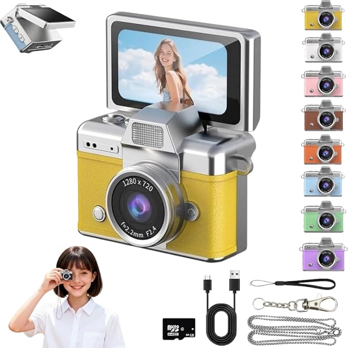 Mini Keychain Digital Camera Retro Mini Digital Video Camera Small bodycam 1080P FHD Recording with 0.96" IPS Screen with 6 Retro Filters AVI Format-Ideal for Phone Transfer (Yellow, 64GB)