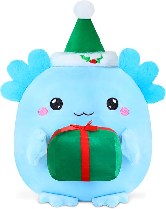 Christmas Axolotl Plush, Cute Axolotl Holding Gift Stuffed Animals Christmas Day Decor Party Favors for Kids & Adults (Blue)