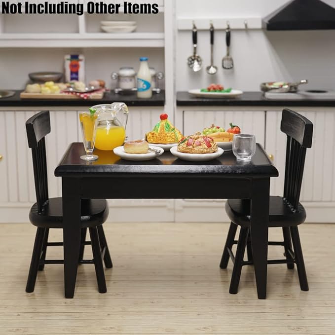 Odoria 1/12 Miniature Dining Table and Chairs Dollhouse Kitchen Furniture Accessories, Black