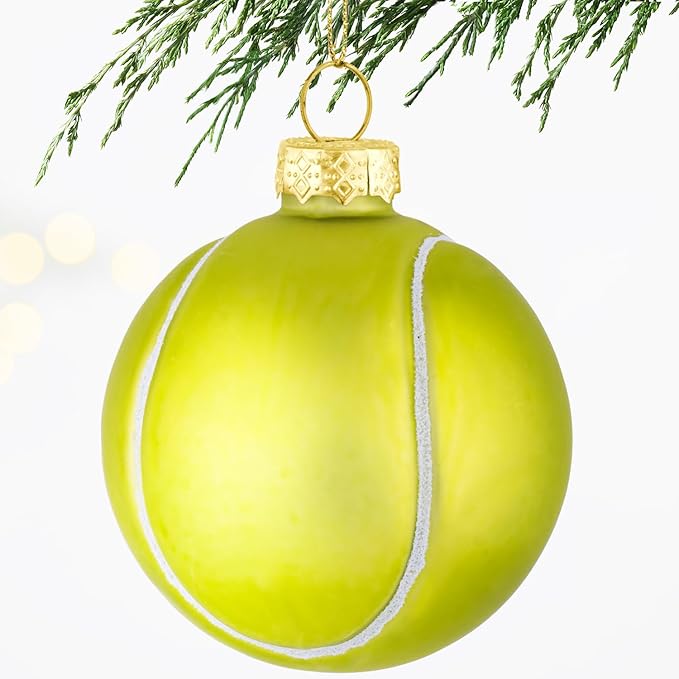 2.36” Christmas Tennis Ball Glass Blown Ornament, 2025 Hand-Painted Small Mini Sports Ball Decoration for Boys and Girls, Xmas Tree Holiday Decor Kids Themed Party Gifts